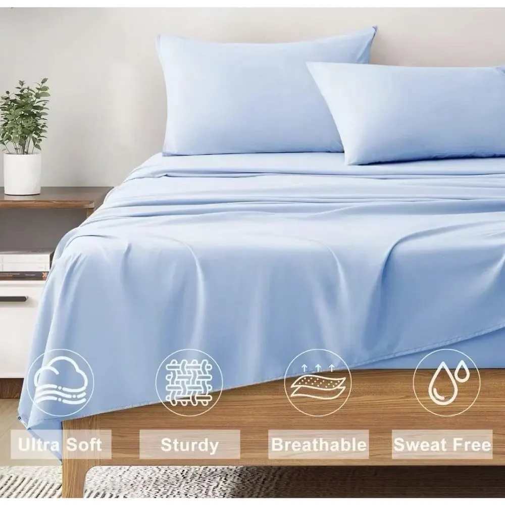 Queen Size 4 Piece Sheet Set Cooling Bed Sheets Deep Pockets Light Blue